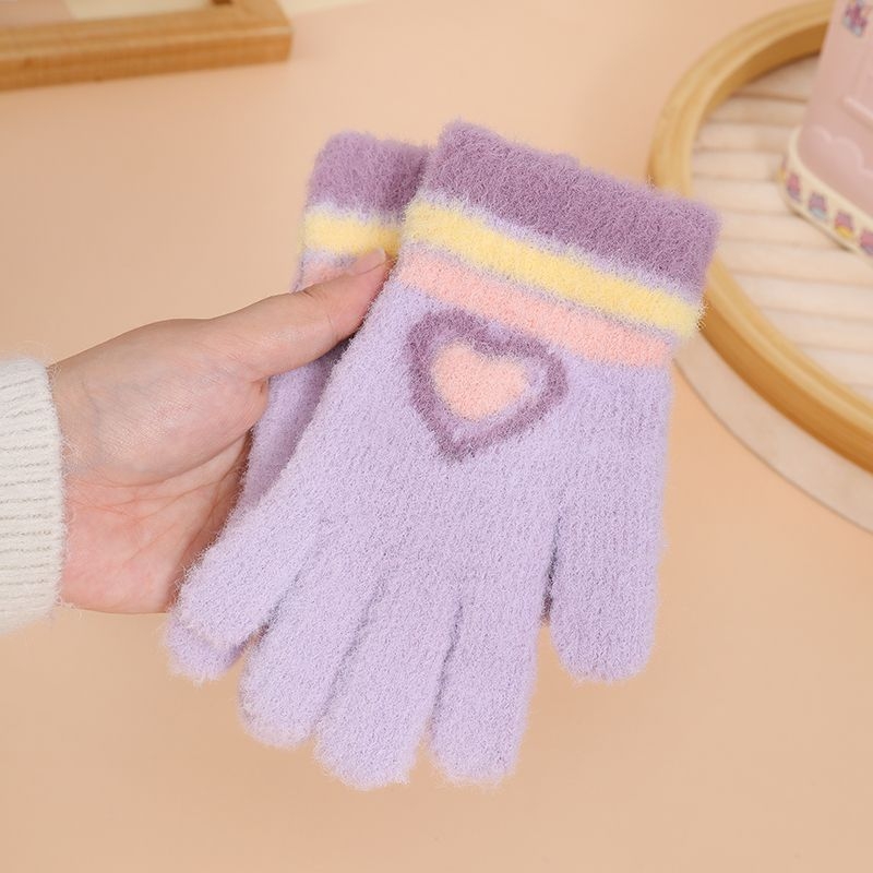 Παιδικά χειμερινά πλεκτά γάντια, ζακάρντ με σχέδιο καρδιάς σε καρτούν, για 7-12 ετών