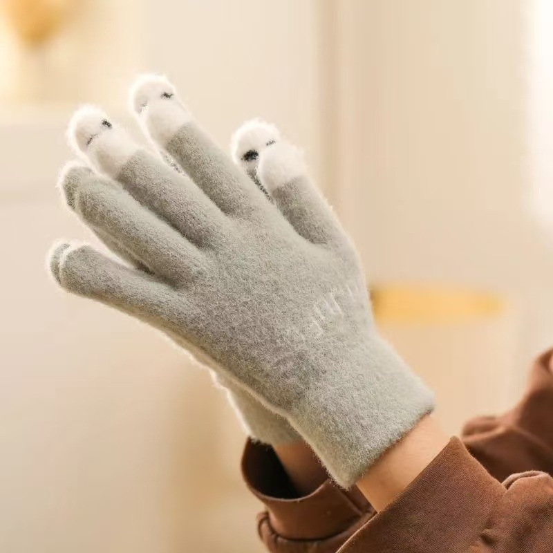 Baršunaste rukavice za dodirni zaslon s otvorenim prstima, tople, monokromatski uzorak, sladak stil, unisex.