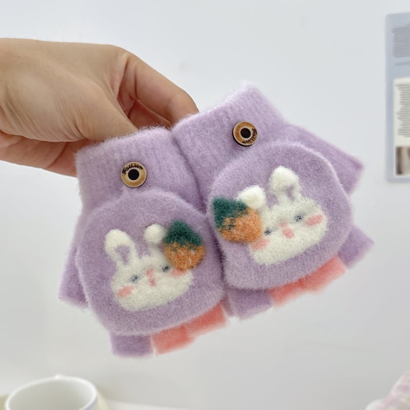Dječje rukavice s polovicnim prstom i preklopom, crtež zeke, kristalni velur materijal, tople i debele za jesen i zimu, unisex