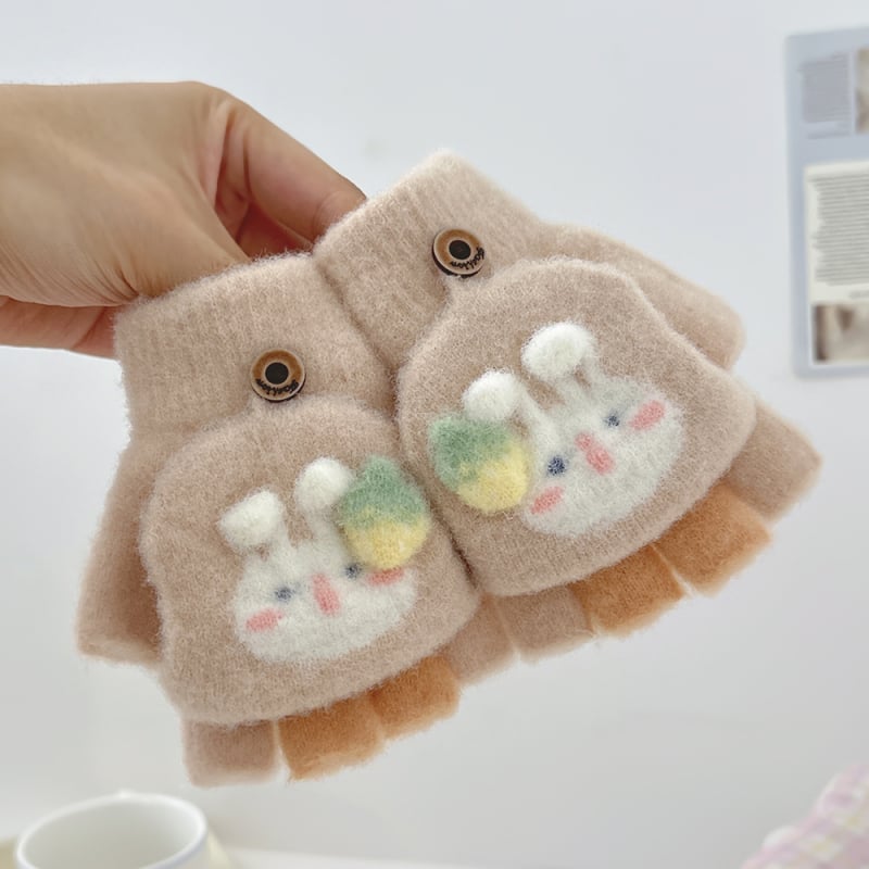 Dječje rukavice s polovicnim prstom i preklopom, crtež zeke, kristalni velur materijal, tople i debele za jesen i zimu, unisex