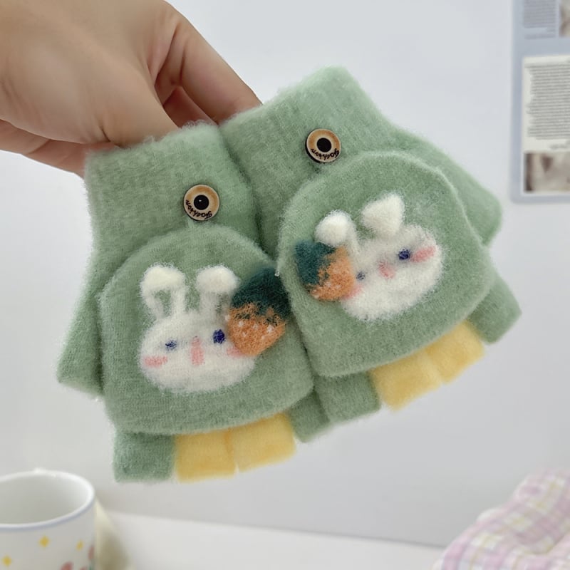 Dječje rukavice s polovicnim prstom i preklopom, crtež zeke, kristalni velur materijal, tople i debele za jesen i zimu, unisex