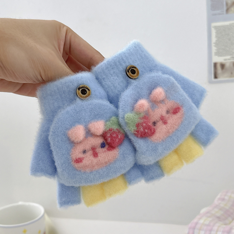 Dječje rukavice s polovicnim prstom i preklopom, crtež zeke, kristalni velur materijal, tople i debele za jesen i zimu, unisex