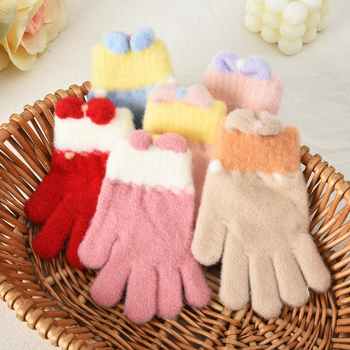 Dječje pletene rukavice s karikaturom mašnicom, Unisex, Odvojeni prsti (Korejski stil) (Crystal Mink; Karikatura uzorak; Zadržavaju toplinu; Uzrast 5–12 godina; Jacquard pletenje)