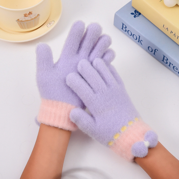 Dječje pletene rukavice s karikaturom mašnicom, Unisex, Odvojeni prsti (Korejski stil) (Crystal Mink; Karikatura uzorak; Zadržavaju toplinu; Uzrast 5–12 godina; Jacquard pletenje)