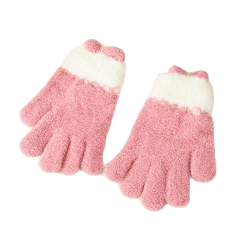 Dječje pletene rukavice s karikaturom mašnicom, Unisex, Odvojeni prsti (Korejski stil) (Crystal Mink; Karikatura uzorak; Zadržavaju toplinu; Uzrast 5–12 godina; Jacquard pletenje)