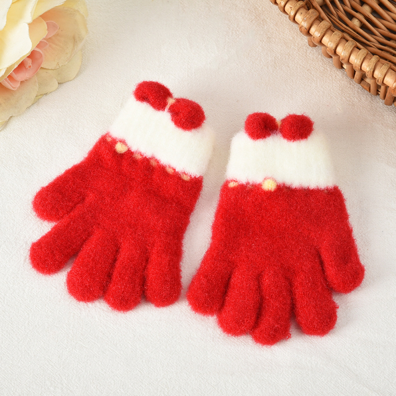 Dječje pletene rukavice s karikaturom mašnicom, Unisex, Odvojeni prsti (Korejski stil) (Crystal Mink; Karikatura uzorak; Zadržavaju toplinu; Uzrast 5–12 godina; Jacquard pletenje)