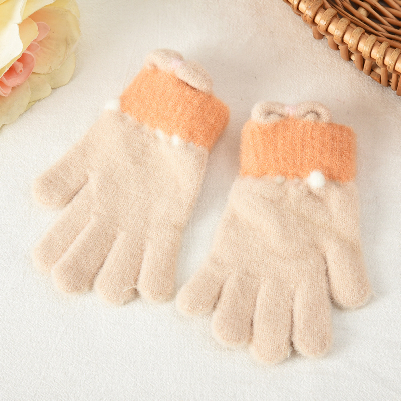 Dječje pletene rukavice s karikaturom mašnicom, Unisex, Odvojeni prsti (Korejski stil) (Crystal Mink; Karikatura uzorak; Zadržavaju toplinu; Uzrast 5–12 godina; Jacquard pletenje)