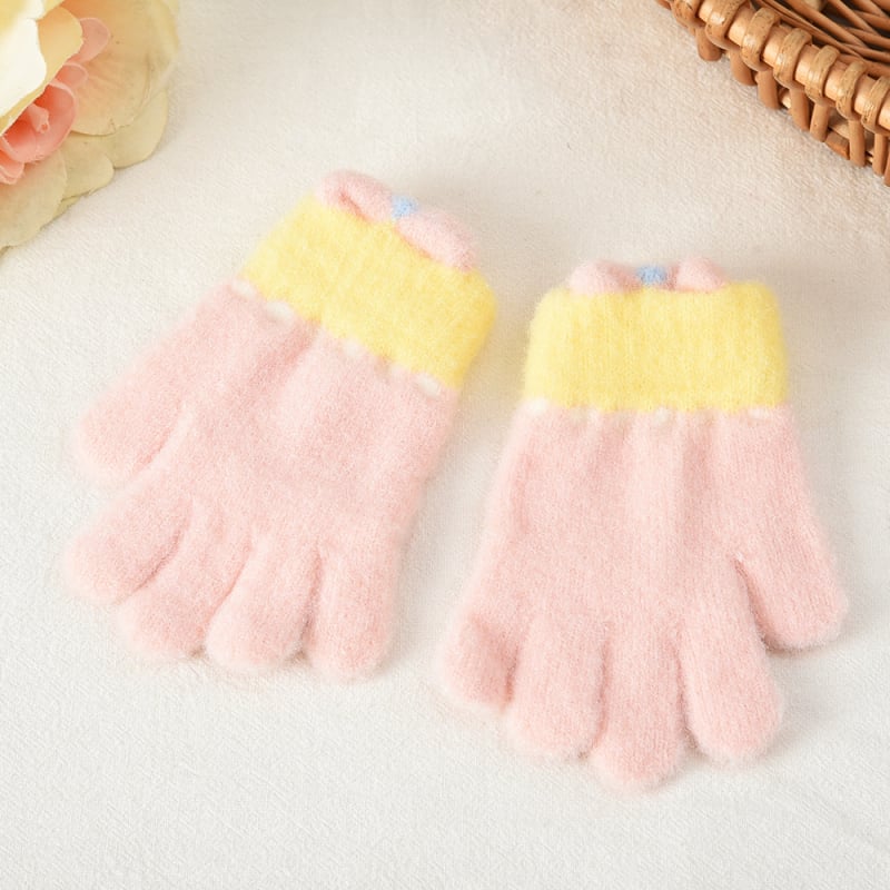 Dječje pletene rukavice s karikaturom mašnicom, Unisex, Odvojeni prsti (Korejski stil) (Crystal Mink; Karikatura uzorak; Zadržavaju toplinu; Uzrast 5–12 godina; Jacquard pletenje)