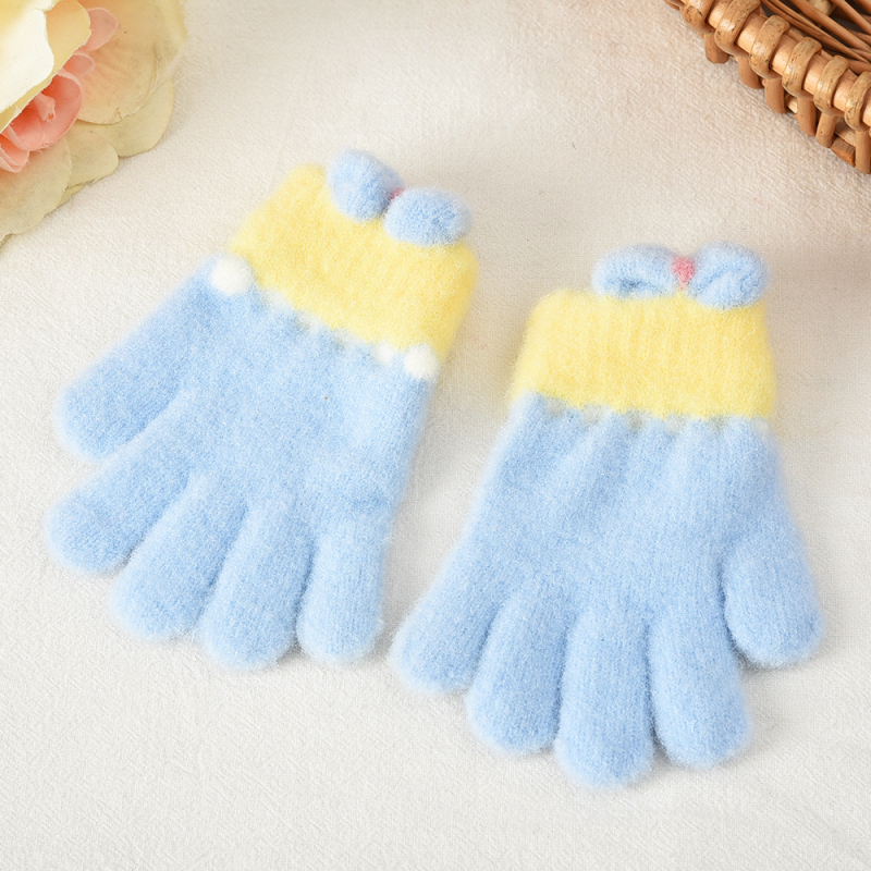 Dječje pletene rukavice s karikaturom mašnicom, Unisex, Odvojeni prsti (Korejski stil) (Crystal Mink; Karikatura uzorak; Zadržavaju toplinu; Uzrast 5–12 godina; Jacquard pletenje)