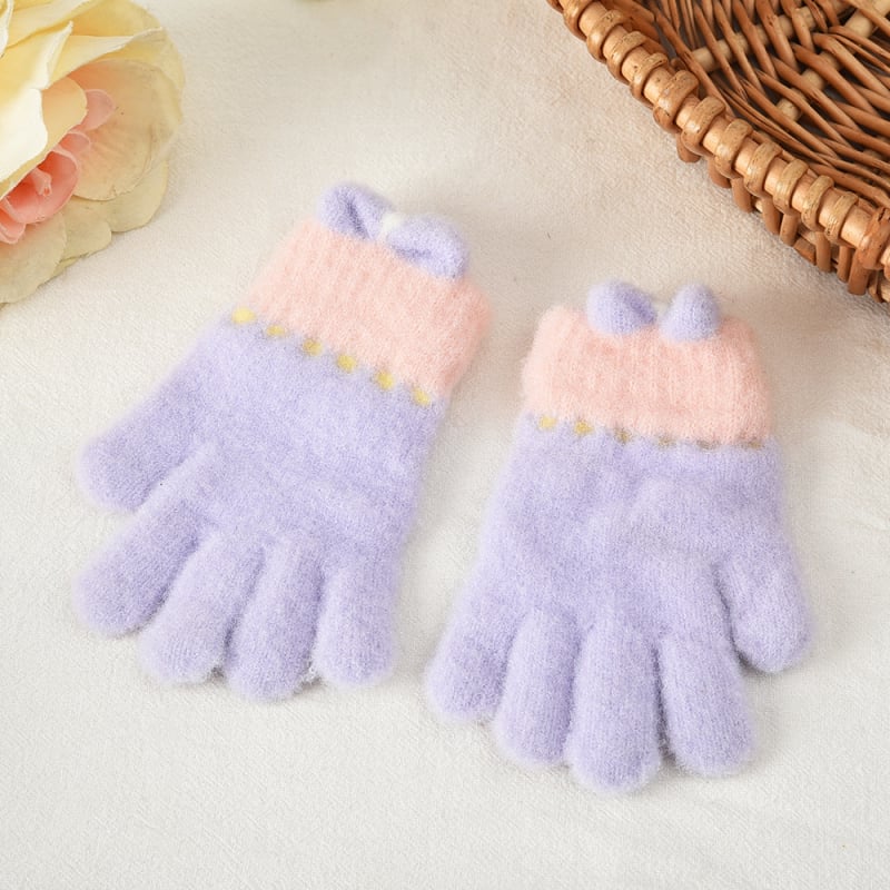 Dječje pletene rukavice s karikaturom mašnicom, Unisex, Odvojeni prsti (Korejski stil) (Crystal Mink; Karikatura uzorak; Zadržavaju toplinu; Uzrast 5–12 godina; Jacquard pletenje)