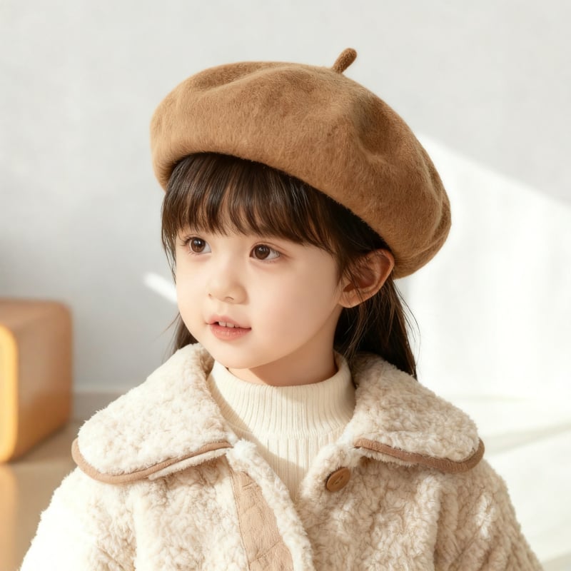 Gyerekeknek készült beret, gyapjúkeverék, kupola alakú, perem, téli