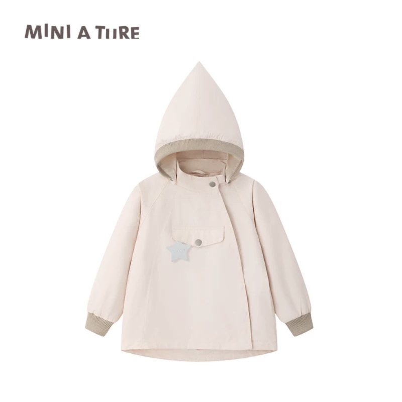 Bērnu jaka ar noņemamu kapuci, ar stāvošu apkakli, vēja un ūdensizturīgs audums, plāns audums, 100% poliesters, vienkrāsains, vecums 1–3 gadi, pavasaris