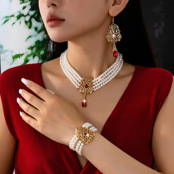 Set de bijuterii: colier cu perle artificiale și pietre prețioase, cercei și brățară, șir de perle, pandant din aliaj zinc, placare electrolitică, stil palat