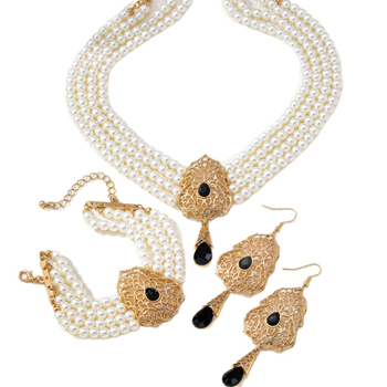 Set de bijuterii: colier cu perle artificiale și pietre prețioase, cercei și brățară, șir de perle, pandant din aliaj zinc, placare electrolitică, stil palat