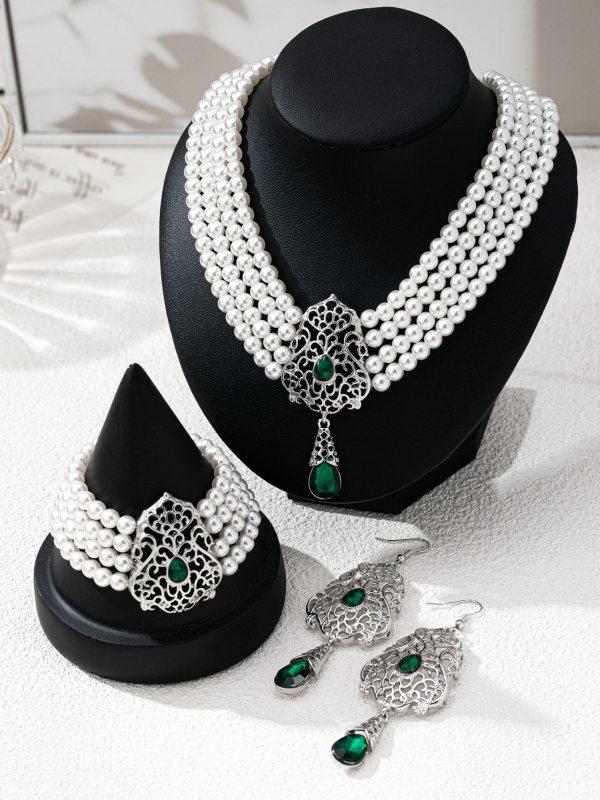 Set de bijuterii: colier cu perle artificiale și pietre prețioase, cercei și brățară, șir de perle, pandant din aliaj zinc, placare electrolitică, stil palat