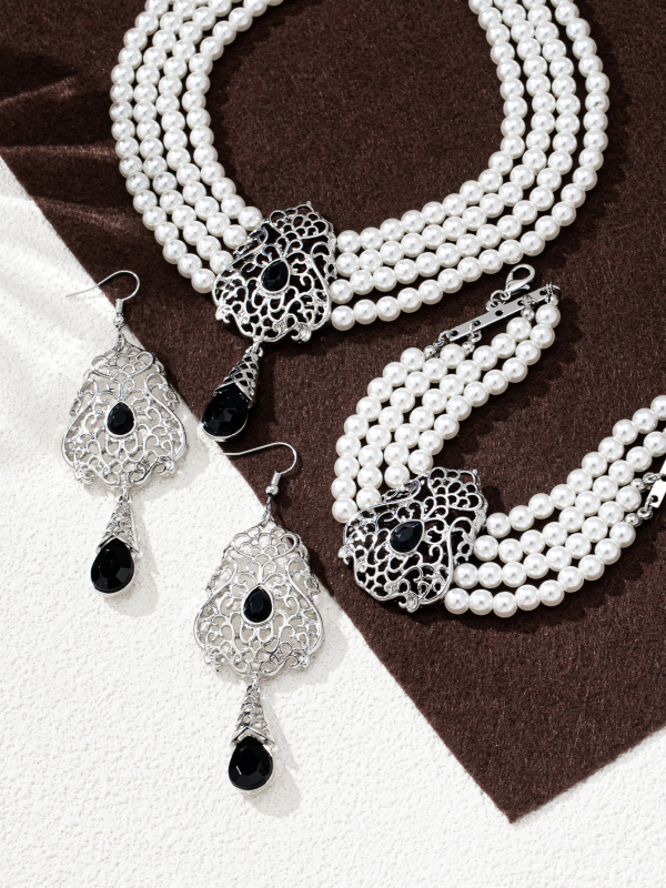 Set de bijuterii: colier cu perle artificiale și pietre prețioase, cercei și brățară, șir de perle, pandant din aliaj zinc, placare electrolitică, stil palat