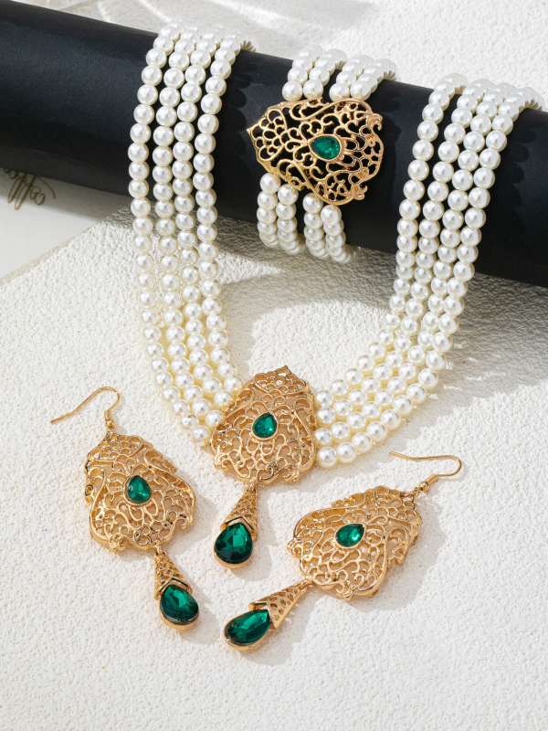 Set de bijuterii: colier cu perle artificiale și pietre prețioase, cercei și brățară, șir de perle, pandant din aliaj zinc, placare electrolitică, stil palat