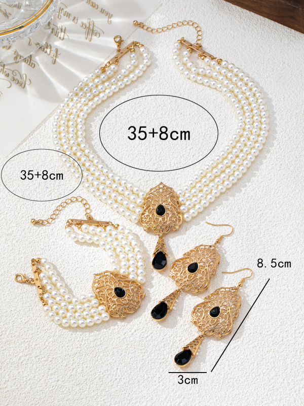 Set de bijuterii: colier cu perle artificiale și pietre prețioase, cercei și brățară, șir de perle, pandant din aliaj zinc, placare electrolitică, stil palat