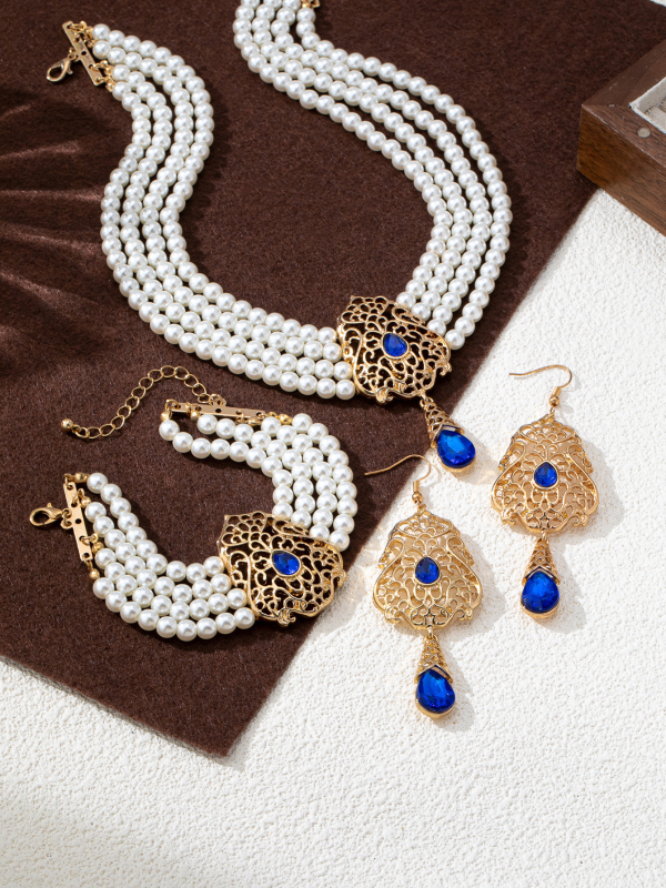 Set de bijuterii: colier cu perle artificiale și pietre prețioase, cercei și brățară, șir de perle, pandant din aliaj zinc, placare electrolitică, stil palat