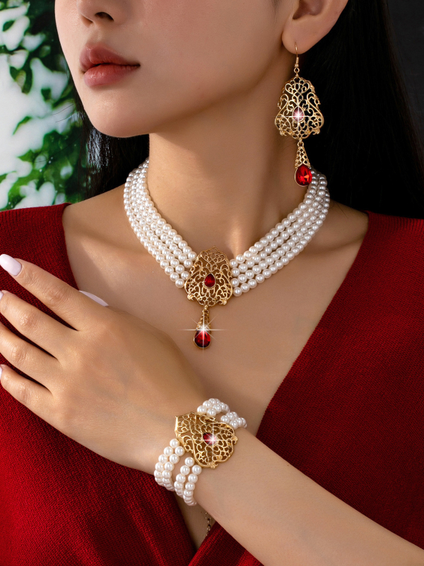 Set de bijuterii: colier cu perle artificiale și pietre prețioase, cercei și brățară, șir de perle, pandant din aliaj zinc, placare electrolitică, stil palat