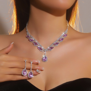 Set Colier și cercei cu rhinestones pentru mireasă — pandantiv cristal picătură, lanț standard, format din două piese, Primăvara 2024, DINGKA