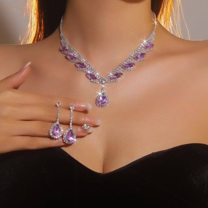 Set Colier și cercei cu rhinestones pentru mireasă — pandantiv cristal picătură, lanț standard, format din două piese, Primăvara 2024, DINGKA