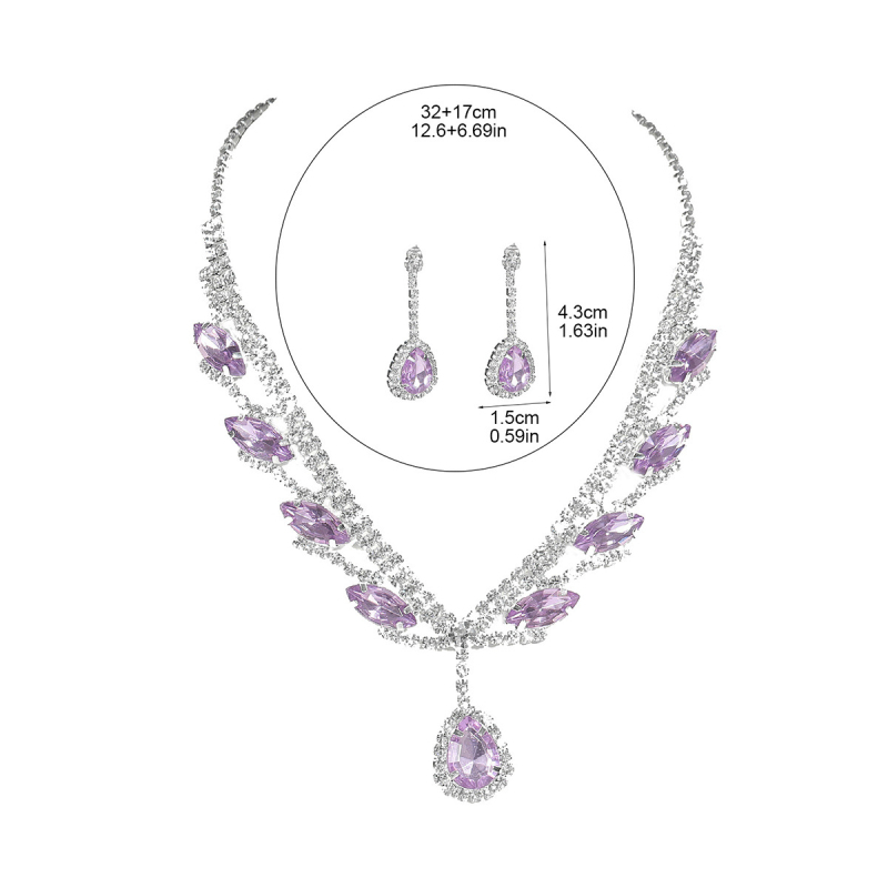 Set Colier și cercei cu rhinestones pentru mireasă — pandantiv cristal picătură, lanț standard, format din două piese, Primăvara 2024, DINGKA