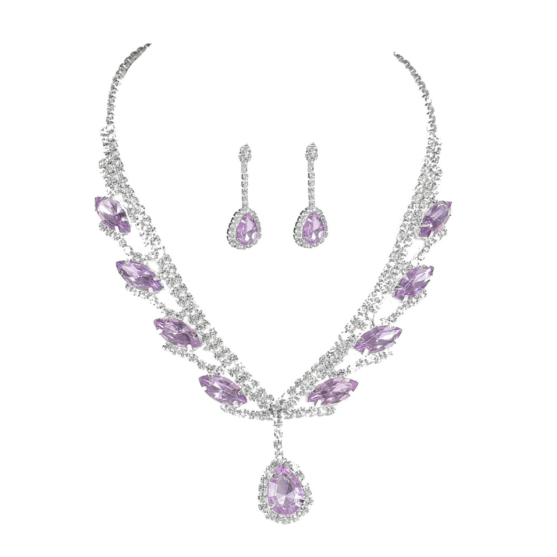 Set Colier și cercei cu rhinestones pentru mireasă — pandantiv cristal picătură, lanț standard, format din două piese, Primăvara 2024, DINGKA