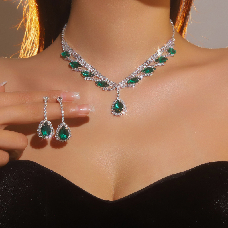 Set Colier și cercei cu rhinestones pentru mireasă — pandantiv cristal picătură, lanț standard, format din două piese, Primăvara 2024, DINGKA