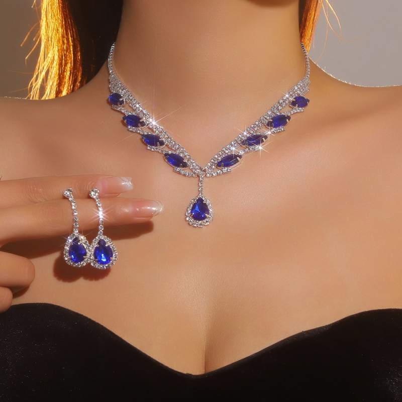 Set Colier și cercei cu rhinestones pentru mireasă — pandantiv cristal picătură, lanț standard, format din două piese, Primăvara 2024, DINGKA