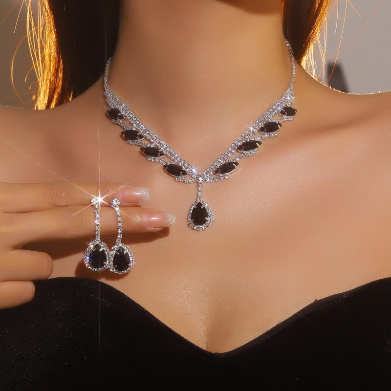 Set Colier și cercei cu rhinestones pentru mireasă — pandantiv cristal picătură, lanț standard, format din două piese, Primăvara 2024, DINGKA