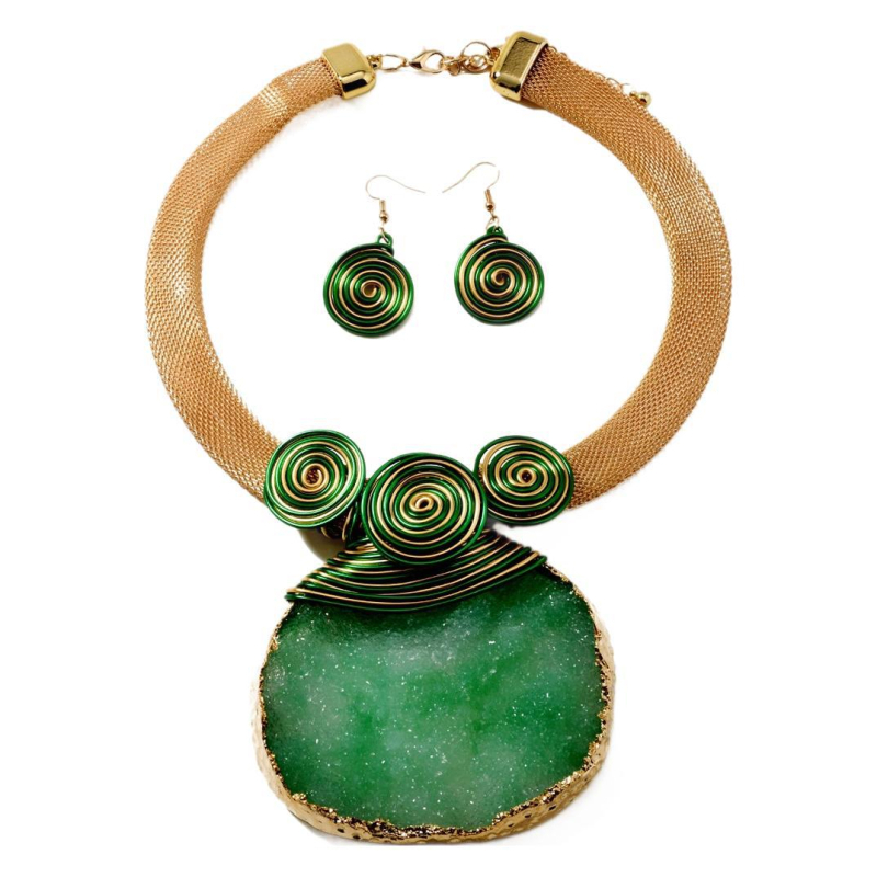 Geometrijski set ogrlice i naušnica od prirodnog kamena, privjesak kristal, običan lanac, 120 g, Jesen 2024