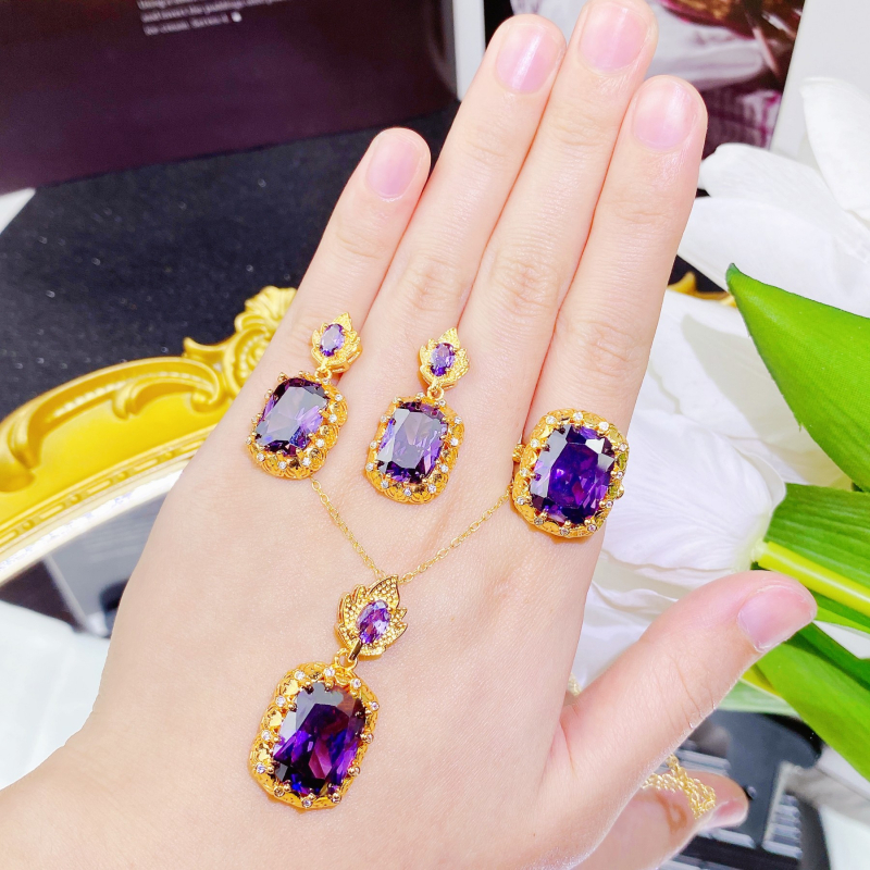 Set de bijuterii (cercei, colier, br13n13) – Stil italian vintage inspirat de curte, bază din cupru, lanț încrucișat, pandant cu încrustații din pietre mixte, model vegetal cu flori