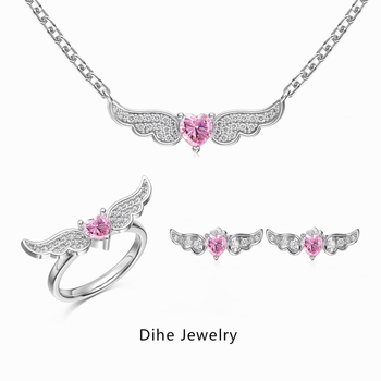 Korejski stil srebrni set nakita 925: prsten, naušnice i ogrlica s motivom Ljubav i lanac klavikule