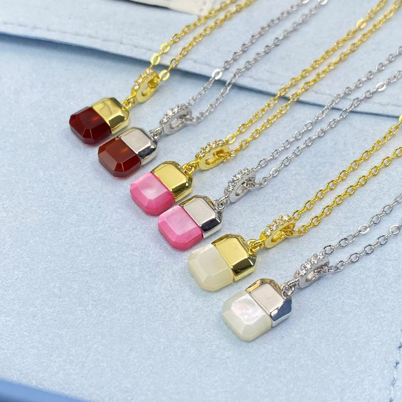 Colier din argint 925 cu pandantiv cu agată încrustată, lanț în formă de O, stil lux ușor pentru femei