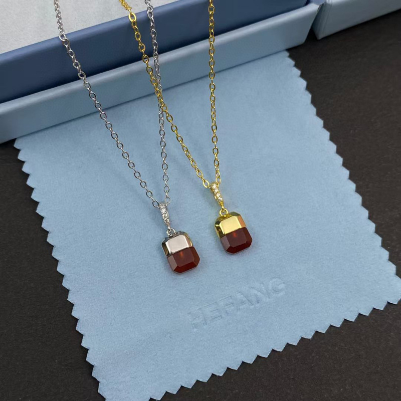 Colier din argint 925 cu pandantiv cu agată încrustată, lanț în formă de O, stil lux ușor pentru femei