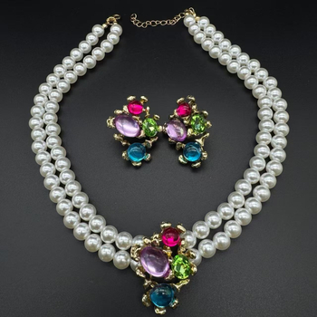 Set cercei și colier cu lanț dublu de perle, design geometric, perlă artificială, pandantiv din aliaj placat electroplacat