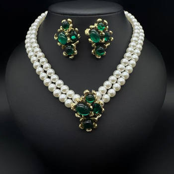 Set cercei și colier cu lanț dublu de perle, design geometric, perlă artificială, pandantiv din aliaj placat electroplacat