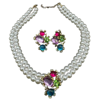 Set cercei și colier cu lanț dublu de perle, design geometric, perlă artificială, pandantiv din aliaj placat electroplacat