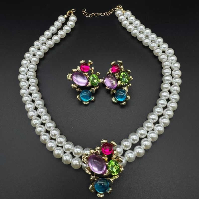 Set cercei și colier cu lanț dublu de perle, design geometric, perlă artificială, pandantiv din aliaj placat electroplacat