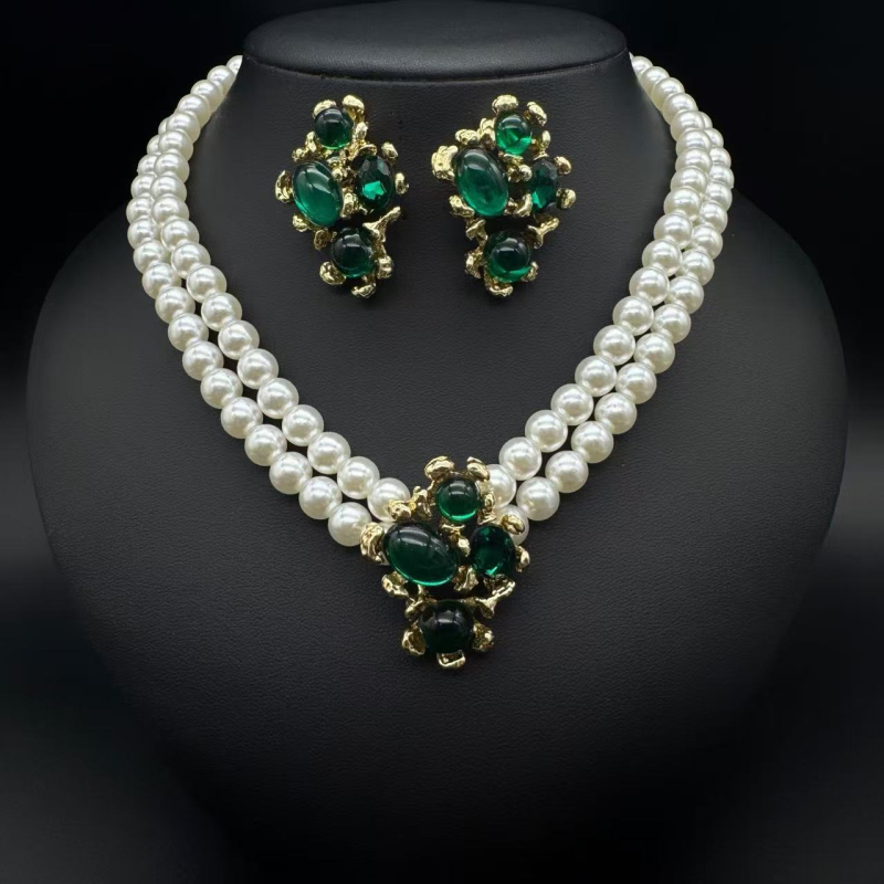 Set cercei și colier cu lanț dublu de perle, design geometric, perlă artificială, pandantiv din aliaj placat electroplacat