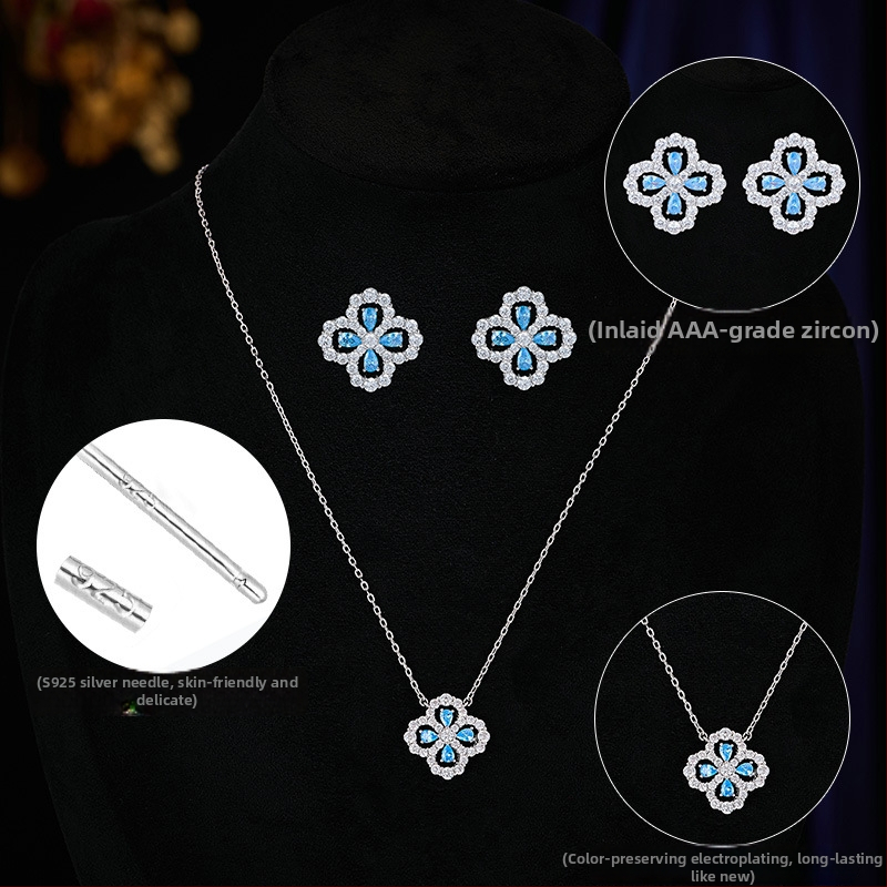 Set din cupru: colier și cercei cu motiv trifoi, lanț clavicular, stil lux