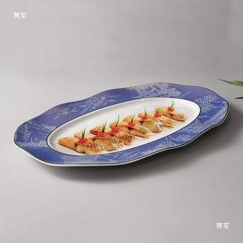 Halas tál széles élű hullámos ovális dizájnnal, kerek formájú, szállodai molekuláris konyha étkészlethez