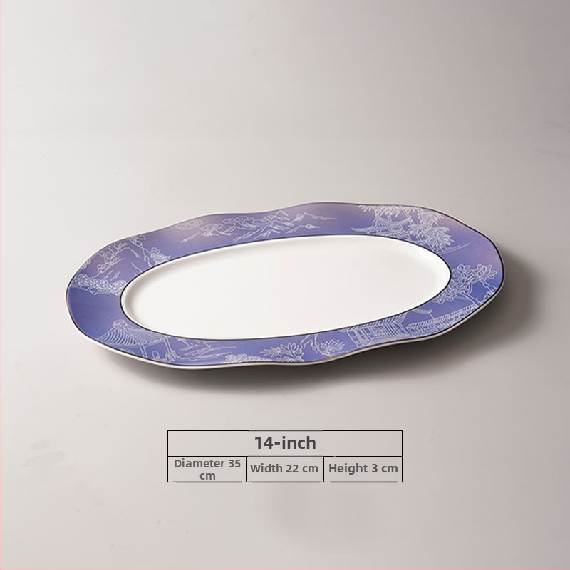 Halas tál széles élű hullámos ovális dizájnnal, kerek formájú, szállodai molekuláris konyha étkészlethez