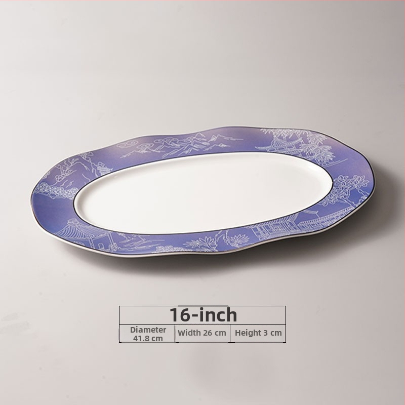 Halas tál széles élű hullámos ovális dizájnnal, kerek formájú, szállodai molekuláris konyha étkészlethez