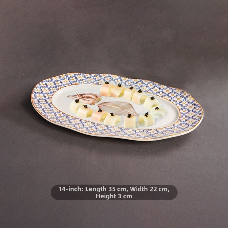 Halas tál széles élű hullámos ovális dizájnnal, kerek formájú, szállodai molekuláris konyha étkészlethez