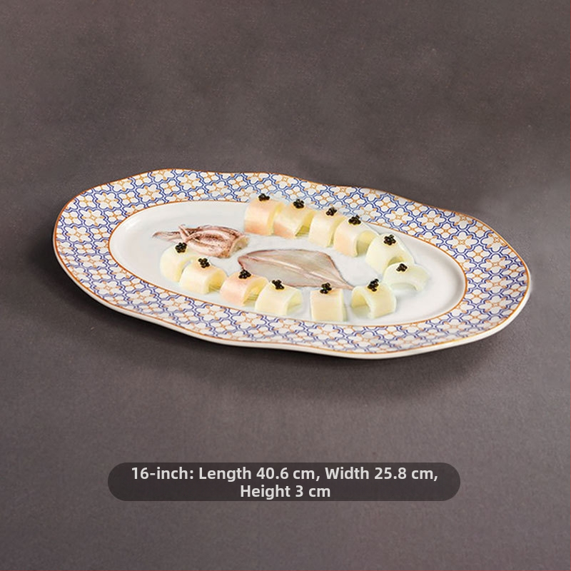 Halas tál széles élű hullámos ovális dizájnnal, kerek formájú, szállodai molekuláris konyha étkészlethez