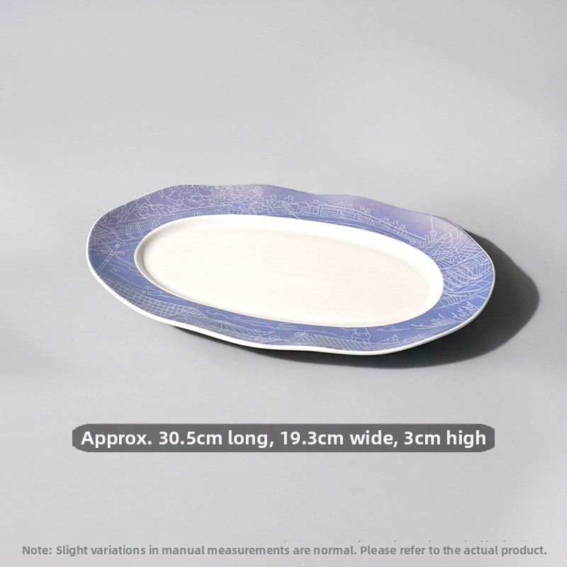 Halas tál széles élű hullámos ovális dizájnnal, kerek formájú, szállodai molekuláris konyha étkészlethez