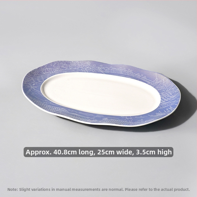 Halas tál széles élű hullámos ovális dizájnnal, kerek formájú, szállodai molekuláris konyha étkészlethez