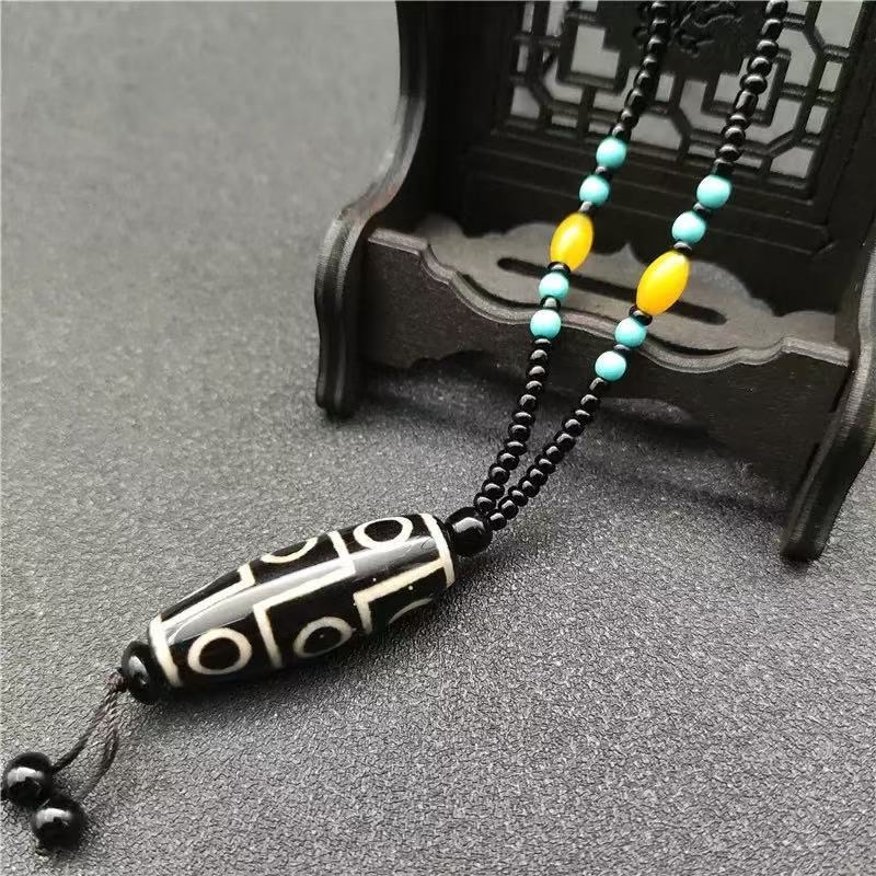 Висулка за огърлица Дзи ахат с девет очи — естествен ахат, полирано покритие, стил висулка